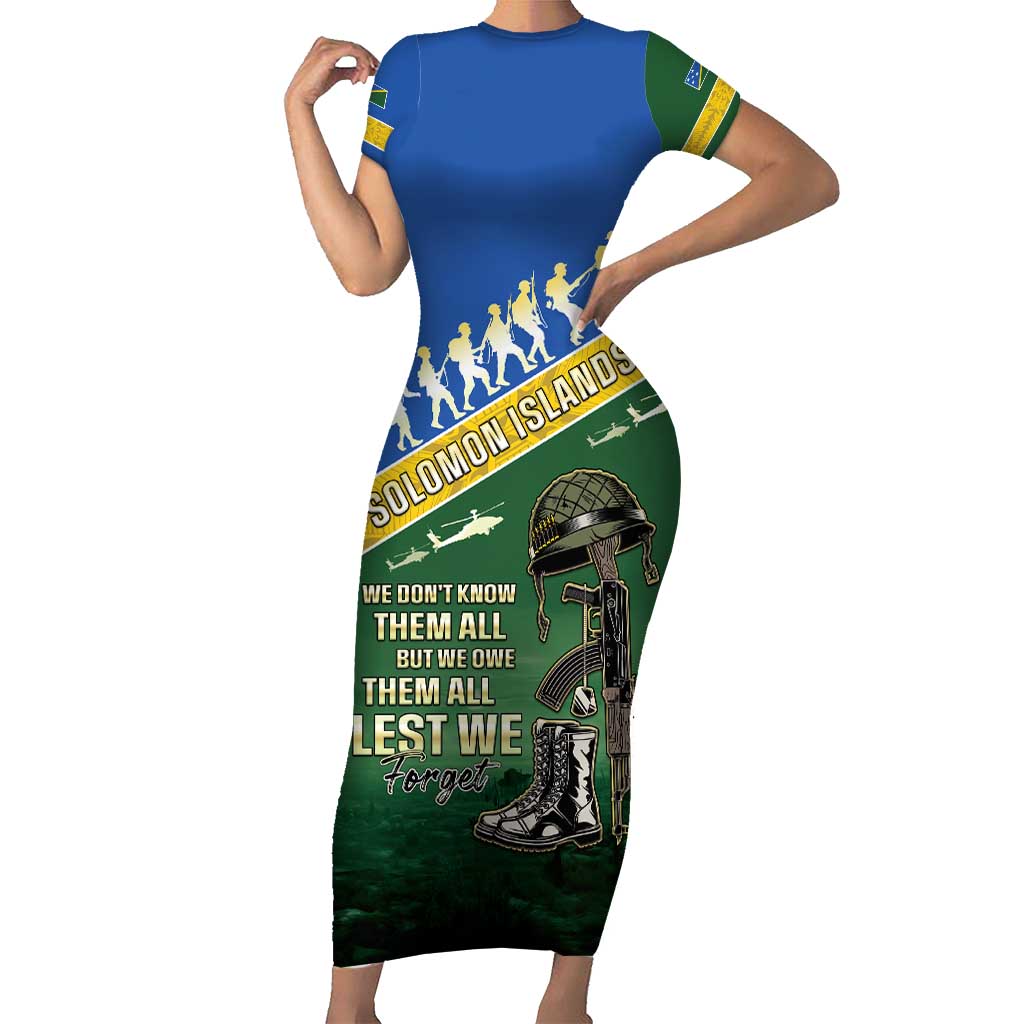 Solomon Islands Remembrance Day Family Matching Short Sleeve Bodycon Dress and Hawaiian Shirt Lest We Forget LT05 Mom's Dress Green - Polynesian Pride
