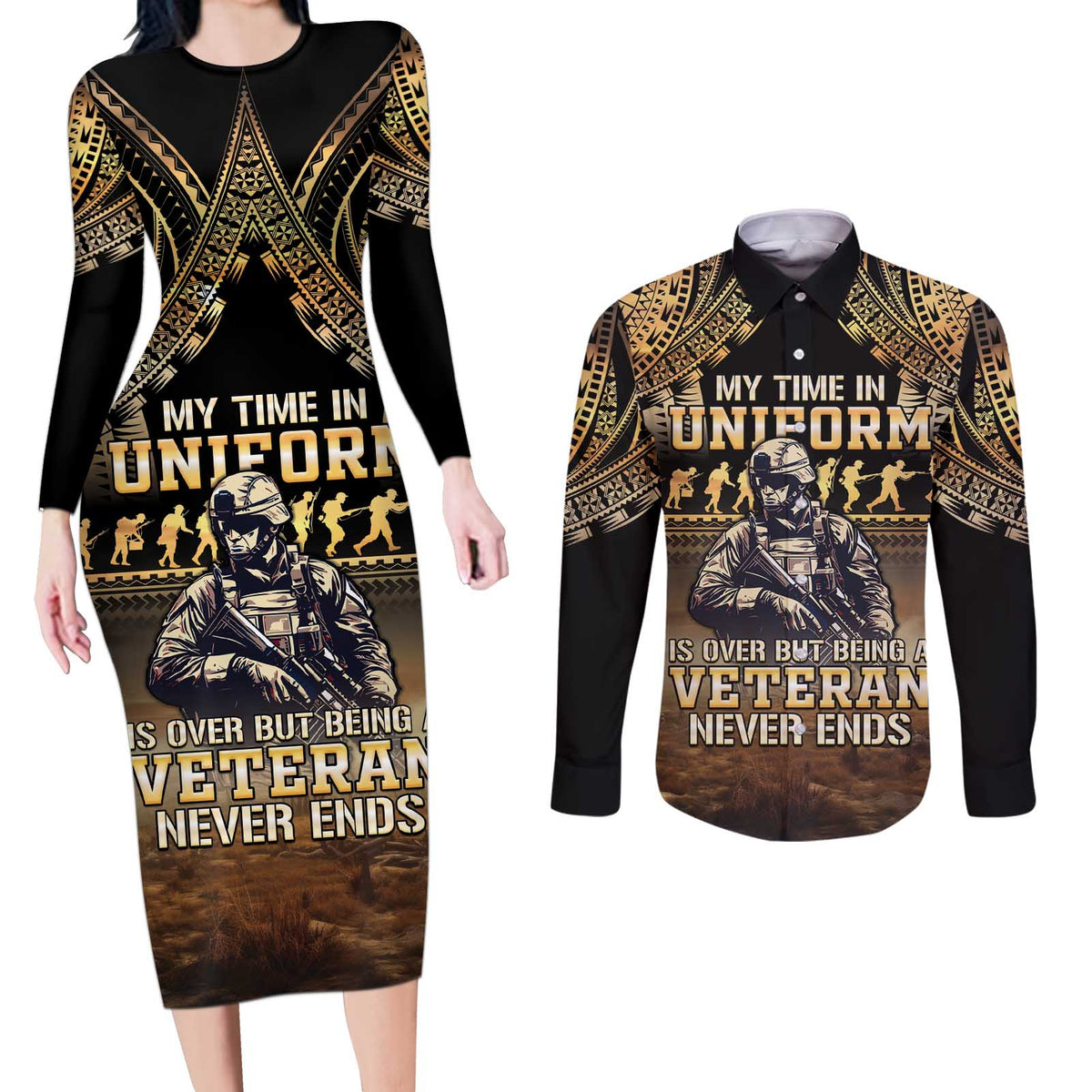Polynesia Veterans Day Couples Matching Long Sleeve Bodycon Dress and Long Sleeve Button Shirt Thank You Veterans Polynesian Pattern