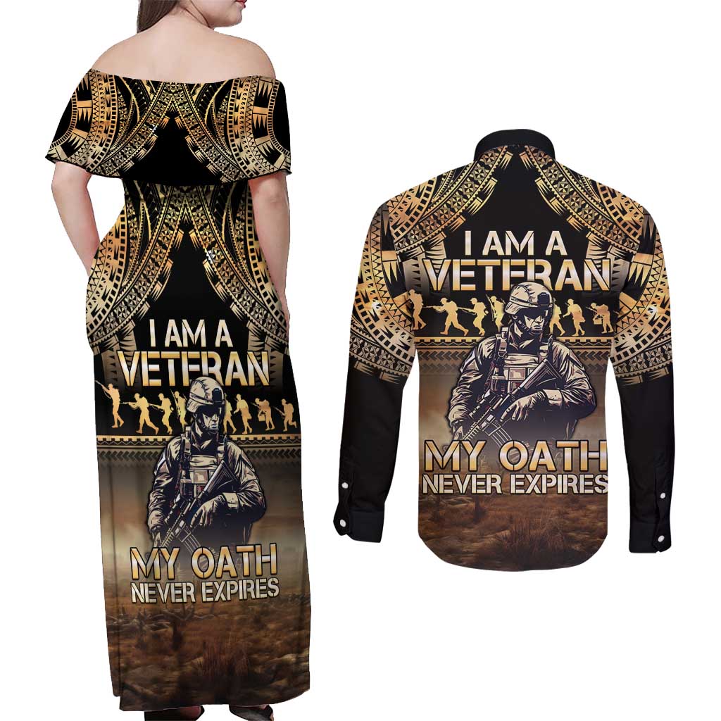 Polynesia Veterans Day Couples Matching Off Shoulder Maxi Dress and Long Sleeve Button Shirt Thank You Veterans Polynesian Pattern