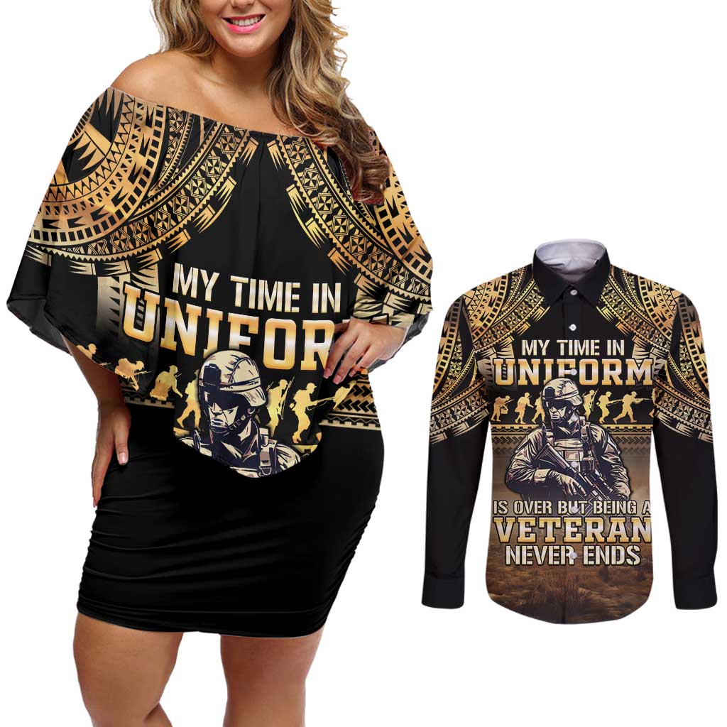Polynesia Veterans Day Couples Matching Off Shoulder Short Dress and Long Sleeve Button Shirt Thank You Veterans Polynesian Pattern