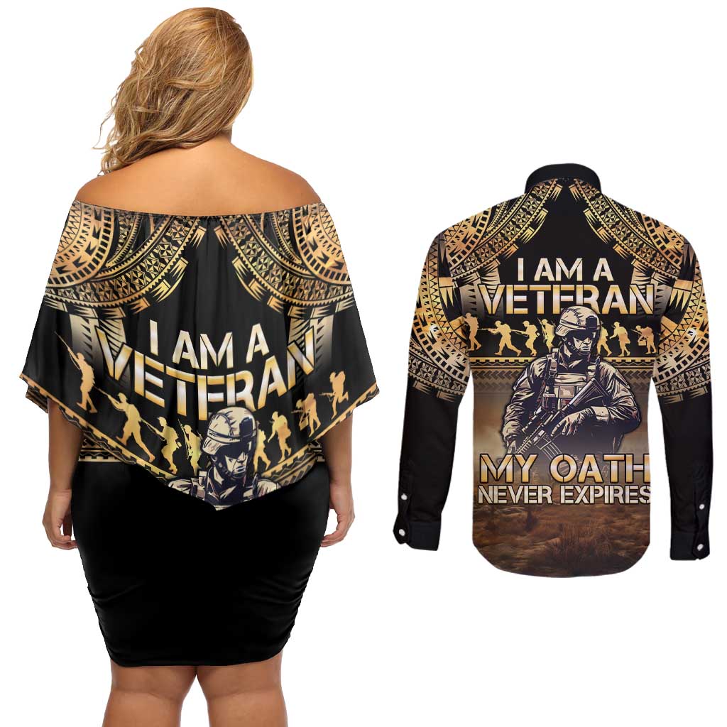 Polynesia Veterans Day Couples Matching Off Shoulder Short Dress and Long Sleeve Button Shirt Thank You Veterans Polynesian Pattern