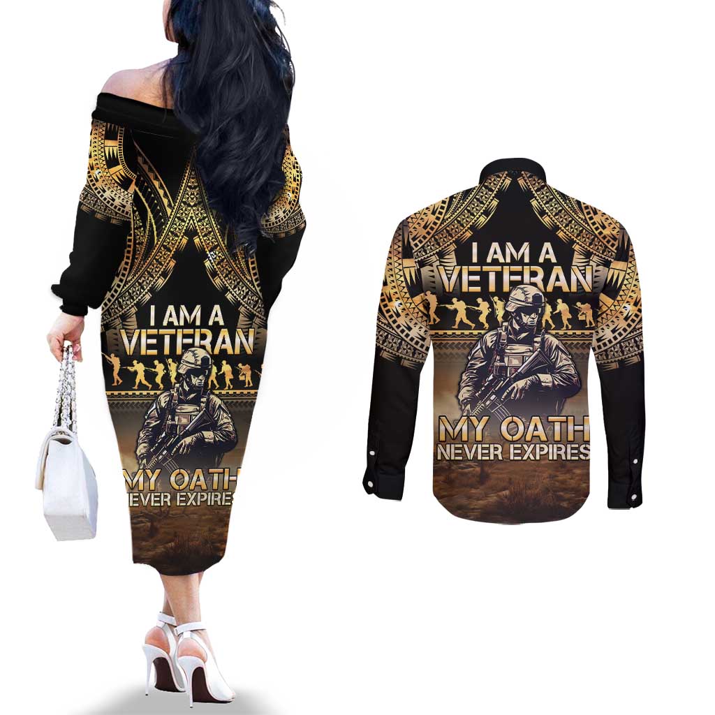 Polynesia Veterans Day Couples Matching Off The Shoulder Long Sleeve Dress and Long Sleeve Button Shirt Thank You Veterans Polynesian Pattern