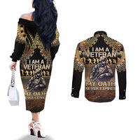 Polynesia Veterans Day Couples Matching Off The Shoulder Long Sleeve Dress and Long Sleeve Button Shirt Thank You Veterans Polynesian Pattern