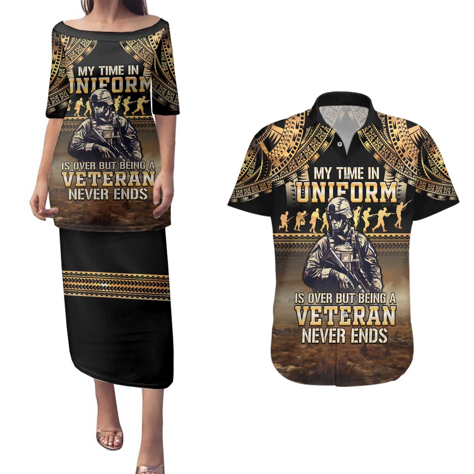 Polynesia Veterans Day Couples Matching Puletasi and Hawaiian Shirt Thank You Veterans Polynesian Pattern
