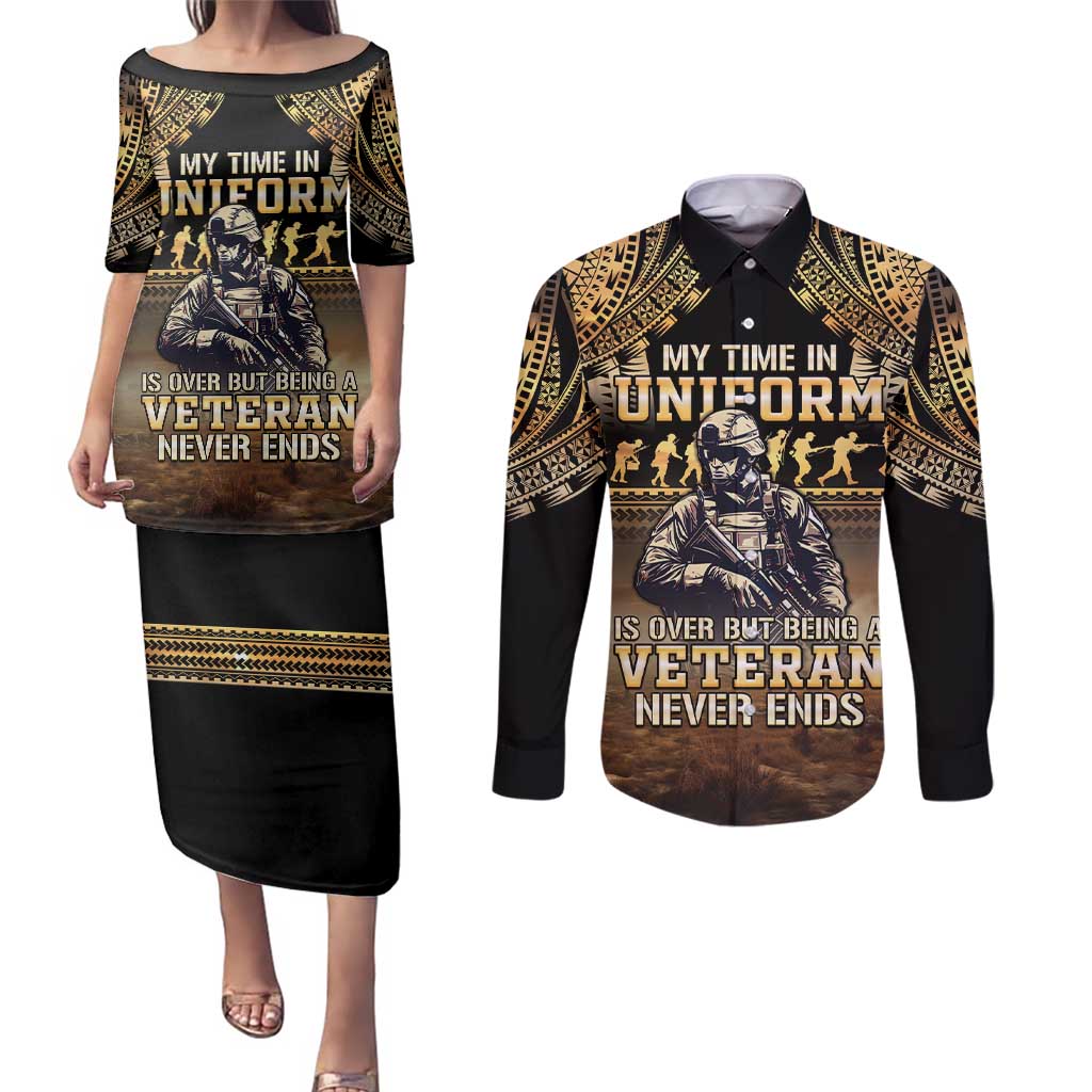 Polynesia Veterans Day Couples Matching Puletasi and Long Sleeve Button Shirt Thank You Veterans Polynesian Pattern