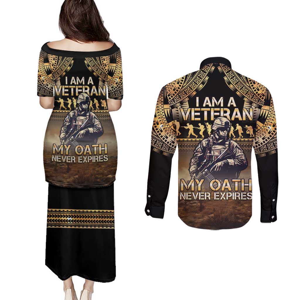 Polynesia Veterans Day Couples Matching Puletasi and Long Sleeve Button Shirt Thank You Veterans Polynesian Pattern