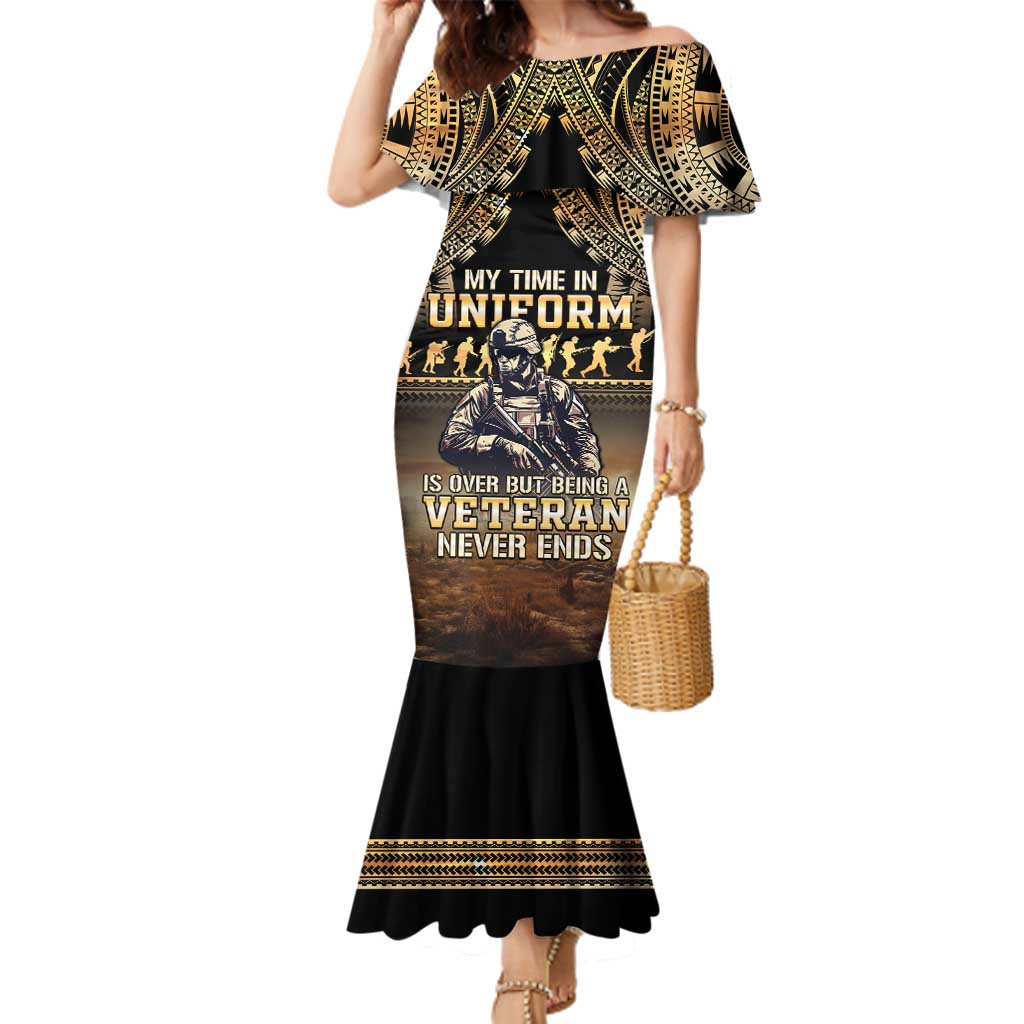 Polynesia Veterans Day Family Matching Mermaid Dress and Hawaiian Shirt Thank You Veterans Polynesian Pattern LT05 Mom's Dress Gold - Polynesian Pride