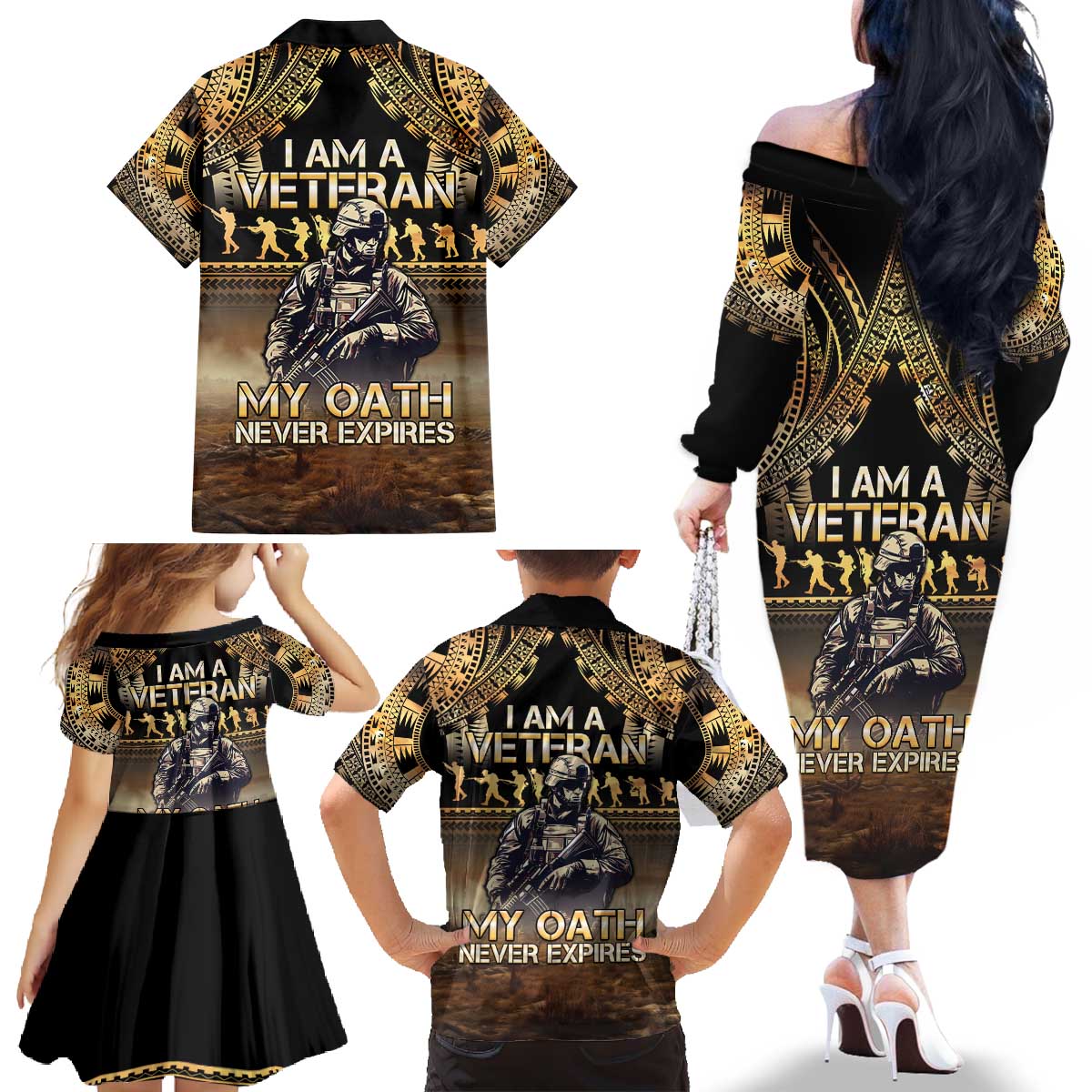 Polynesia Veterans Day Family Matching Off The Shoulder Long Sleeve Dress and Hawaiian Shirt Thank You Veterans Polynesian Pattern LT05 - Polynesian Pride