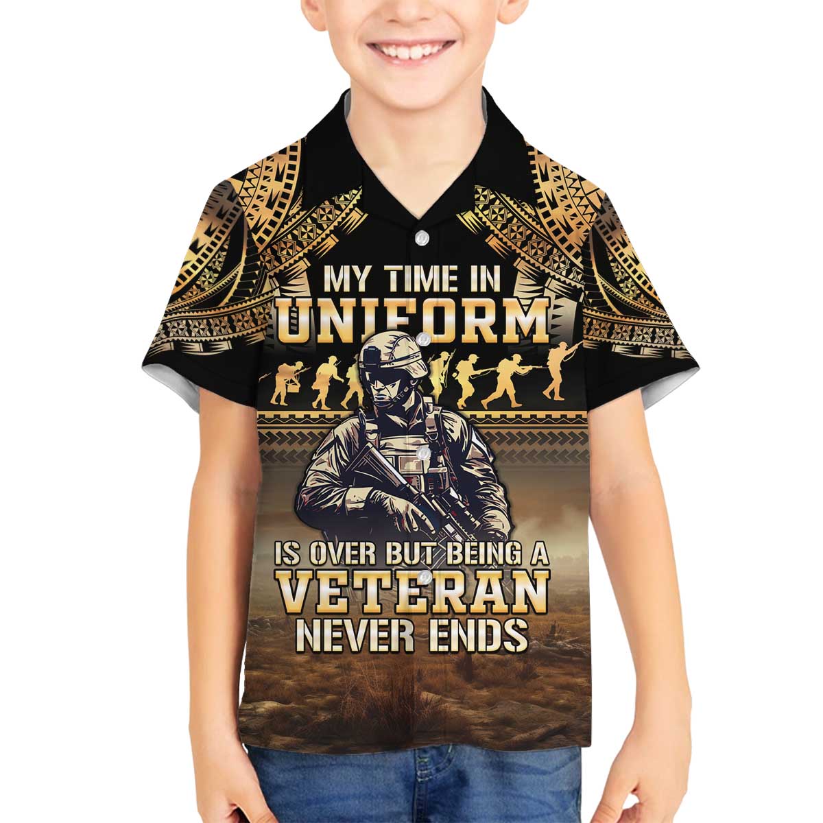 Polynesia Veterans Day Family Matching Off The Shoulder Long Sleeve Dress and Hawaiian Shirt Thank You Veterans Polynesian Pattern LT05 Son's Shirt Gold - Polynesian Pride