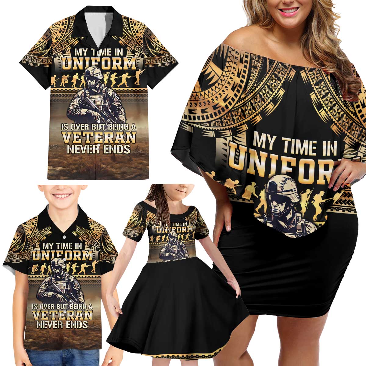 Polynesia Veterans Day Family Matching Off Shoulder Short Dress and Hawaiian Shirt Thank You Veterans Polynesian Pattern LT05 - Polynesian Pride