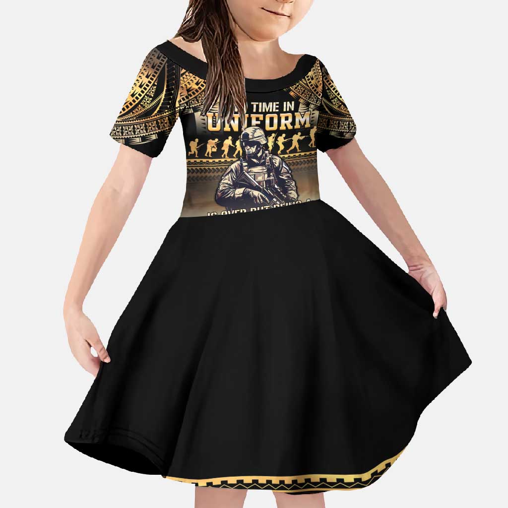 Polynesia Veterans Day Family Matching Short Sleeve Bodycon Dress and Hawaiian Shirt Thank You Veterans Polynesian Pattern LT05 Daughter's Dress Gold - Polynesian Pride
