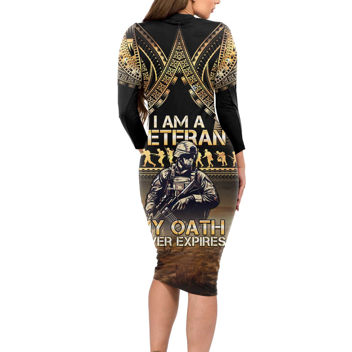 Polynesia Veterans Day Long Sleeve Bodycon Dress Thank You Veterans Polynesian Pattern