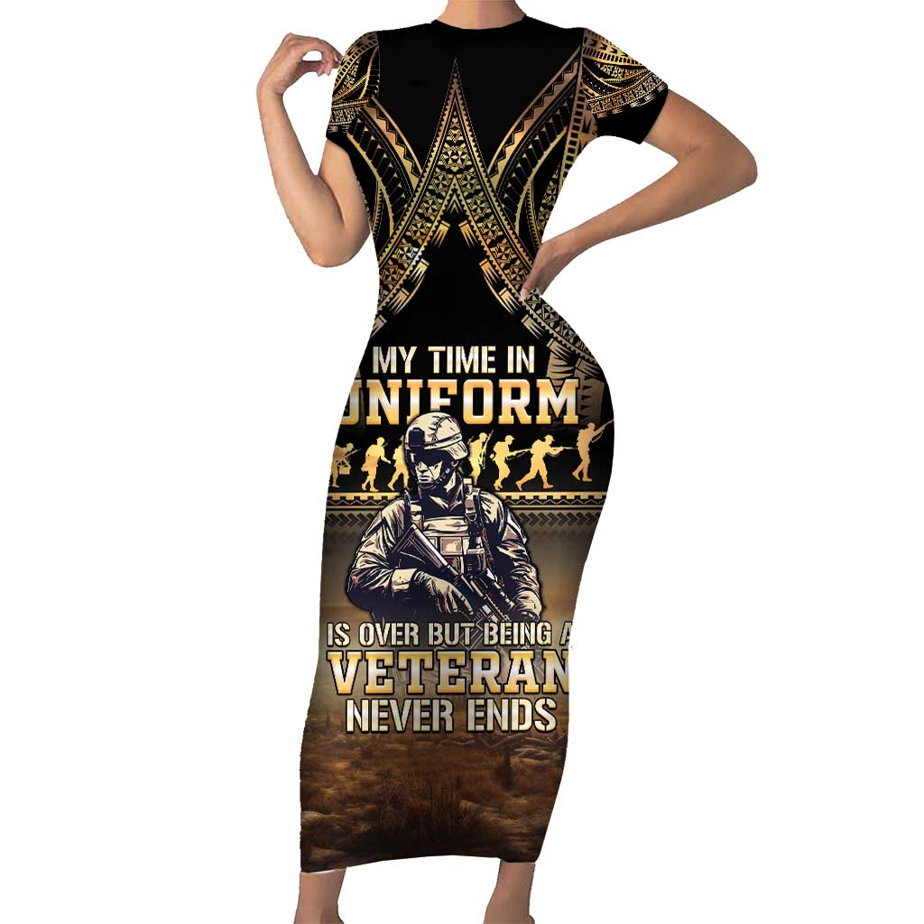 Polynesia Veterans Day Short Sleeve Bodycon Dress Thank You Veterans Polynesian Pattern LT05 Long Dress Gold - Polynesian Pride