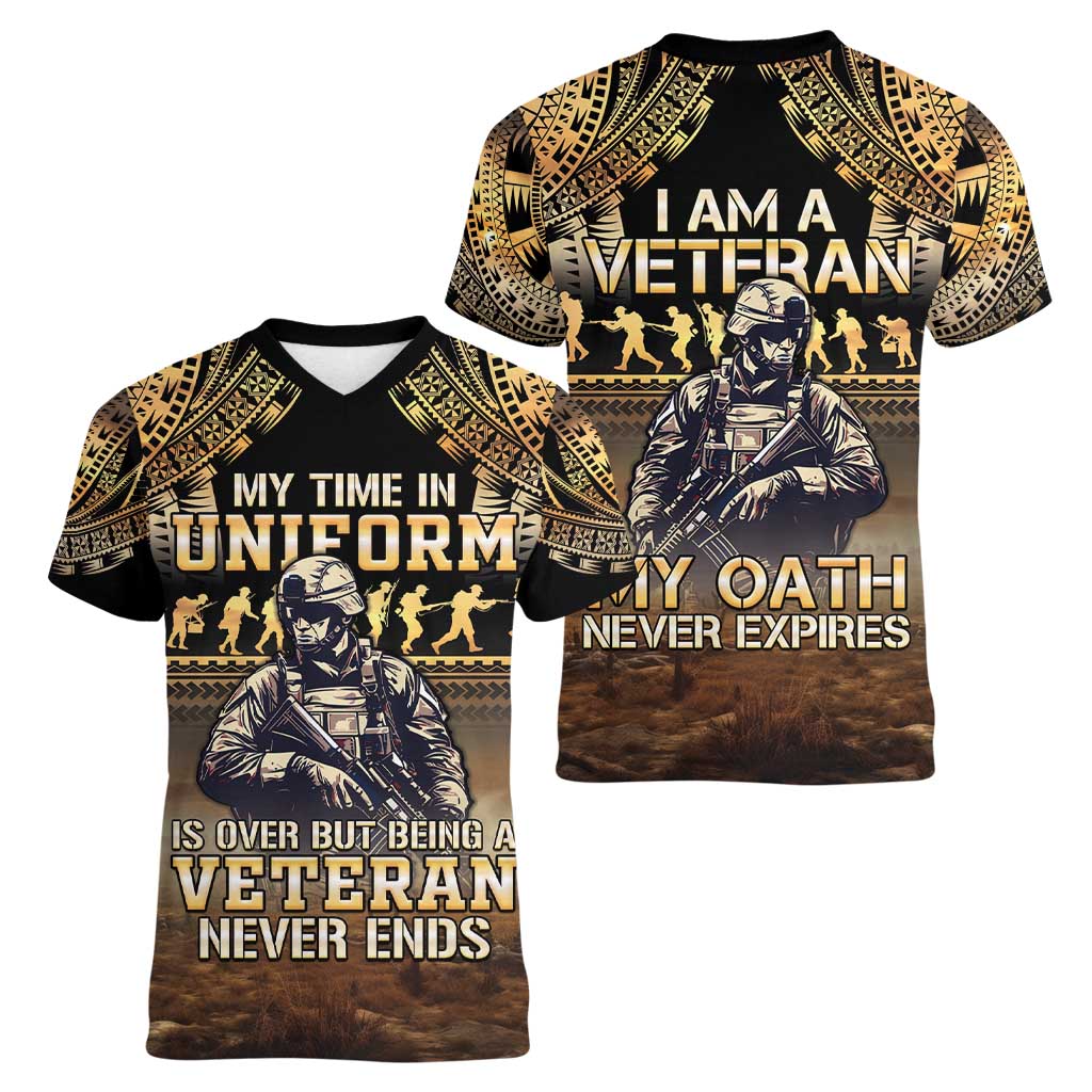 Polynesia Veterans Day Women V-Neck T-Shirt Thank You Veterans Polynesian Pattern