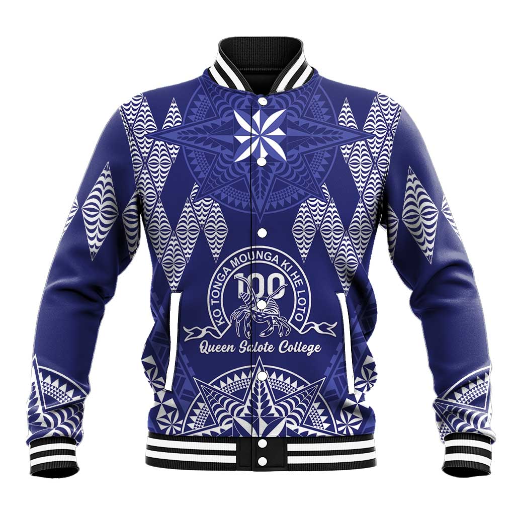 Personalised Queen Salote College Centenary Baseball Jacket Tongan Kupesi Pattern LT05 Unisex Navy - Polynesian Pride