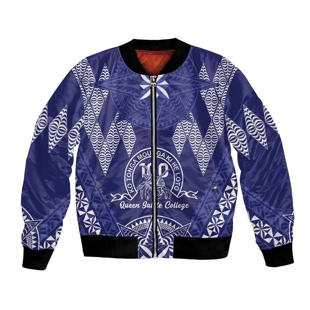 Personalised Queen Salote College Centenary Bomber Jacket Tongan Kupesi Pattern LT05 Unisex Navy - Polynesian Pride
