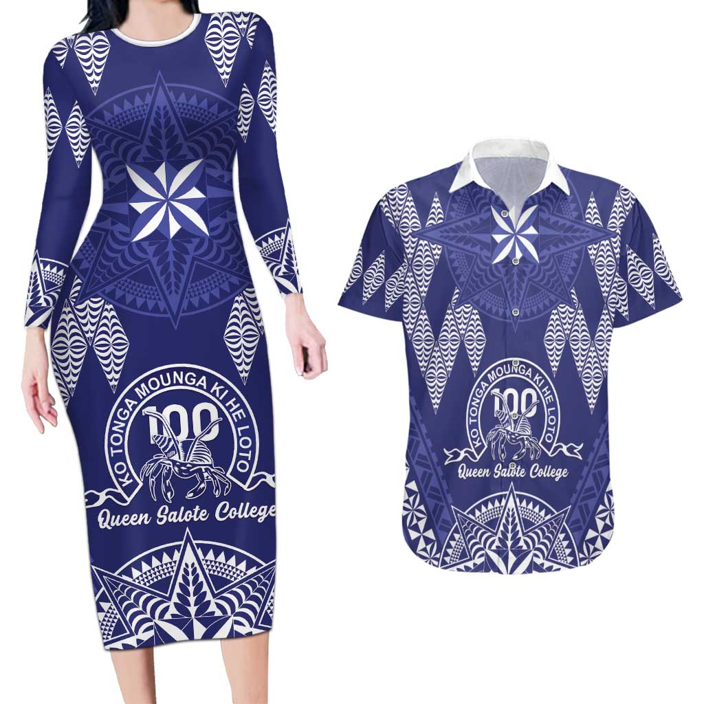 Personalised Queen Salote College Centenary Couples Matching Long Sleeve Bodycon Dress and Hawaiian Shirt Tongan Kupesi Pattern - Polynesian Pride