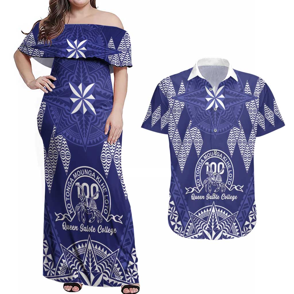 Personalised Queen Salote College Centenary Couples Matching Off Shoulder Maxi Dress and Hawaiian Shirt Tongan Kupesi Pattern - Polynesian Pride