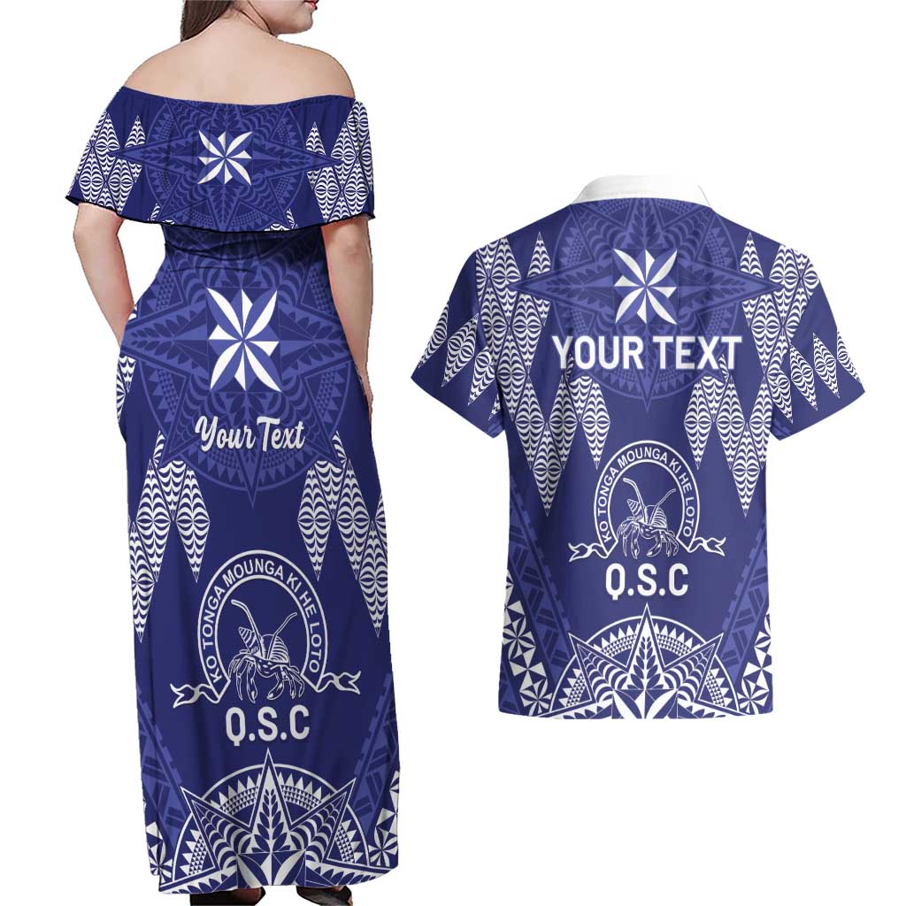 Personalised Queen Salote College Centenary Couples Matching Off Shoulder Maxi Dress and Hawaiian Shirt Tongan Kupesi Pattern - Polynesian Pride