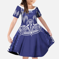 Personalised Queen Salote College Centenary Family Matching Off Shoulder Maxi Dress and Hawaiian Shirt Tongan Kupesi Pattern LT05 Daughter's Dress Navy - Polynesian Pride