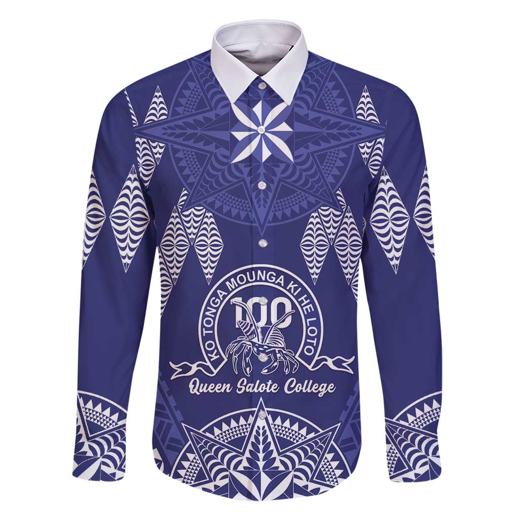 Personalised Queen Salote College Centenary Family Matching Off Shoulder Maxi Dress and Hawaiian Shirt Tongan Kupesi Pattern LT05 Dad's Shirt - Long Sleeve Navy - Polynesian Pride