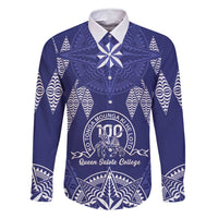 Personalised Queen Salote College Centenary Family Matching Off Shoulder Maxi Dress and Hawaiian Shirt Tongan Kupesi Pattern LT05 Dad's Shirt - Long Sleeve Navy - Polynesian Pride