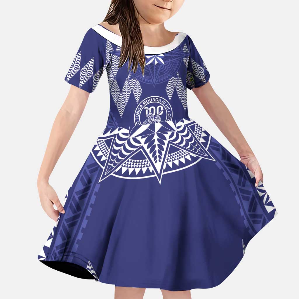 Personalised Queen Salote College Centenary Family Matching Puletasi and Hawaiian Shirt Tongan Kupesi Pattern LT05 Daughter's Dress Navy - Polynesian Pride