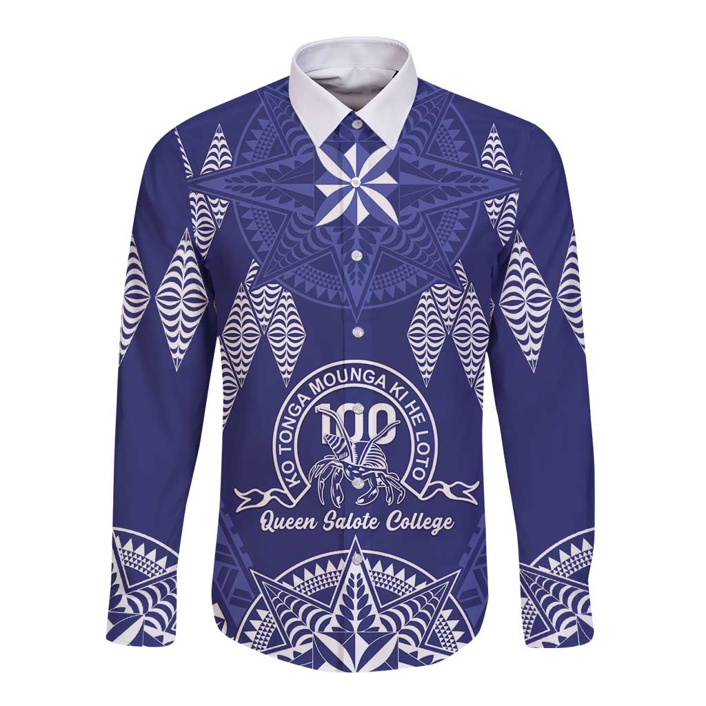 Personalised Queen Salote College Centenary Long Sleeve Button Shirt Tongan Kupesi Pattern LT05 Unisex Navy - Polynesian Pride