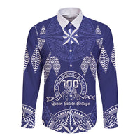 Personalised Queen Salote College Centenary Long Sleeve Button Shirt Tongan Kupesi Pattern LT05 Unisex Navy - Polynesian Pride