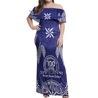 Personalised Queen Salote College Centenary Off Shoulder Maxi Dress Tongan Kupesi Pattern LT05 Women Navy - Polynesian Pride