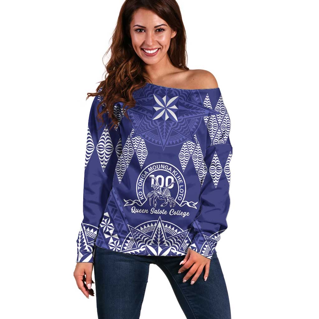 Personalised Queen Salote College Centenary Off Shoulder Sweater Tongan Kupesi Pattern LT05 Women Navy - Polynesian Pride