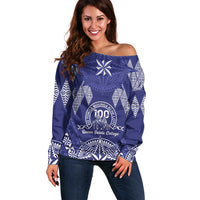 Personalised Queen Salote College Centenary Off Shoulder Sweater Tongan Kupesi Pattern LT05 Women Navy - Polynesian Pride
