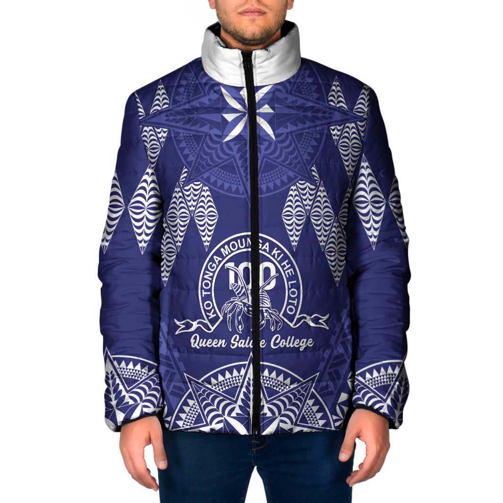 Personalised Queen Salote College Centenary Padded Jacket Tongan Kupesi Pattern LT05 Men Navy - Polynesian Pride