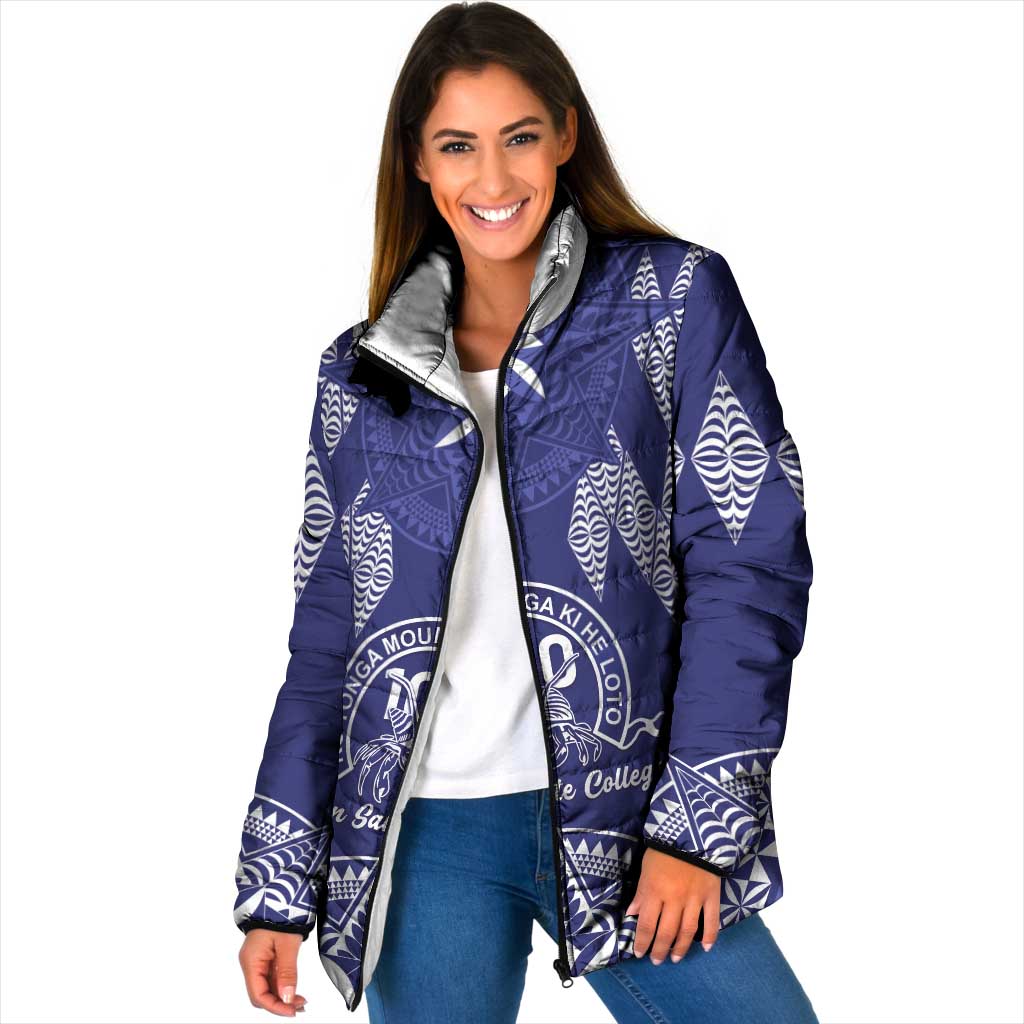 Personalised Queen Salote College Centenary Padded Jacket Tongan Kupesi Pattern LT05 Women Navy - Polynesian Pride