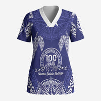Personalised Queen Salote College Centenary Scrub Top Tongan Kupesi Pattern - Polynesian Pride