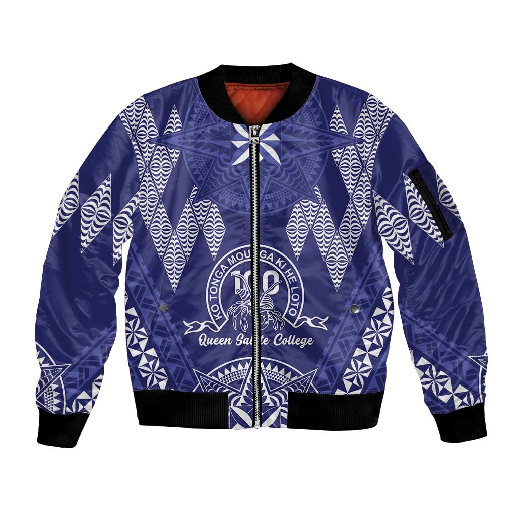 Personalised Queen Salote College Centenary Sleeve Zip Bomber Jacket Tongan Kupesi Pattern LT05 Unisex Navy - Polynesian Pride