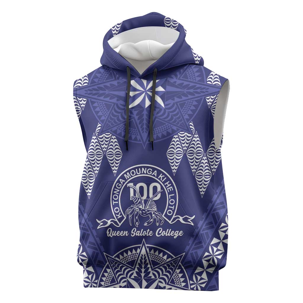 Personalised Queen Salote College Centenary Sleeveless Hoodie Tongan Kupesi Pattern LT05 Navy - Polynesian Pride