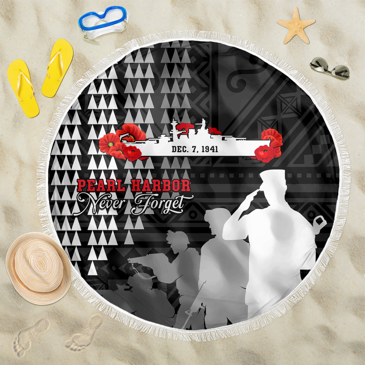 Pearl Harbor Remembrance Day Beach Blanket USS Arizona In Memory With Polynesian Pattern LT05 One Size 150cm Black - Polynesian Pride