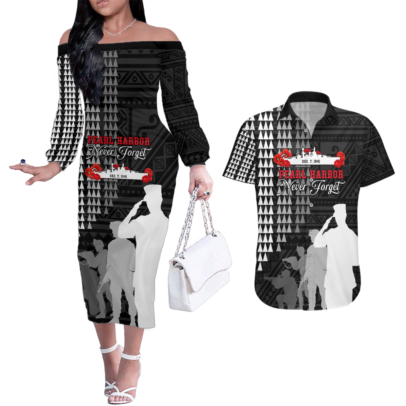 Pearl Harbor Remembrance Day Couples Matching Off The Shoulder Long Sleeve Dress and Hawaiian Shirt USS Arizona In Memory With Polynesian Pattern LT05 Black - Polynesian Pride
