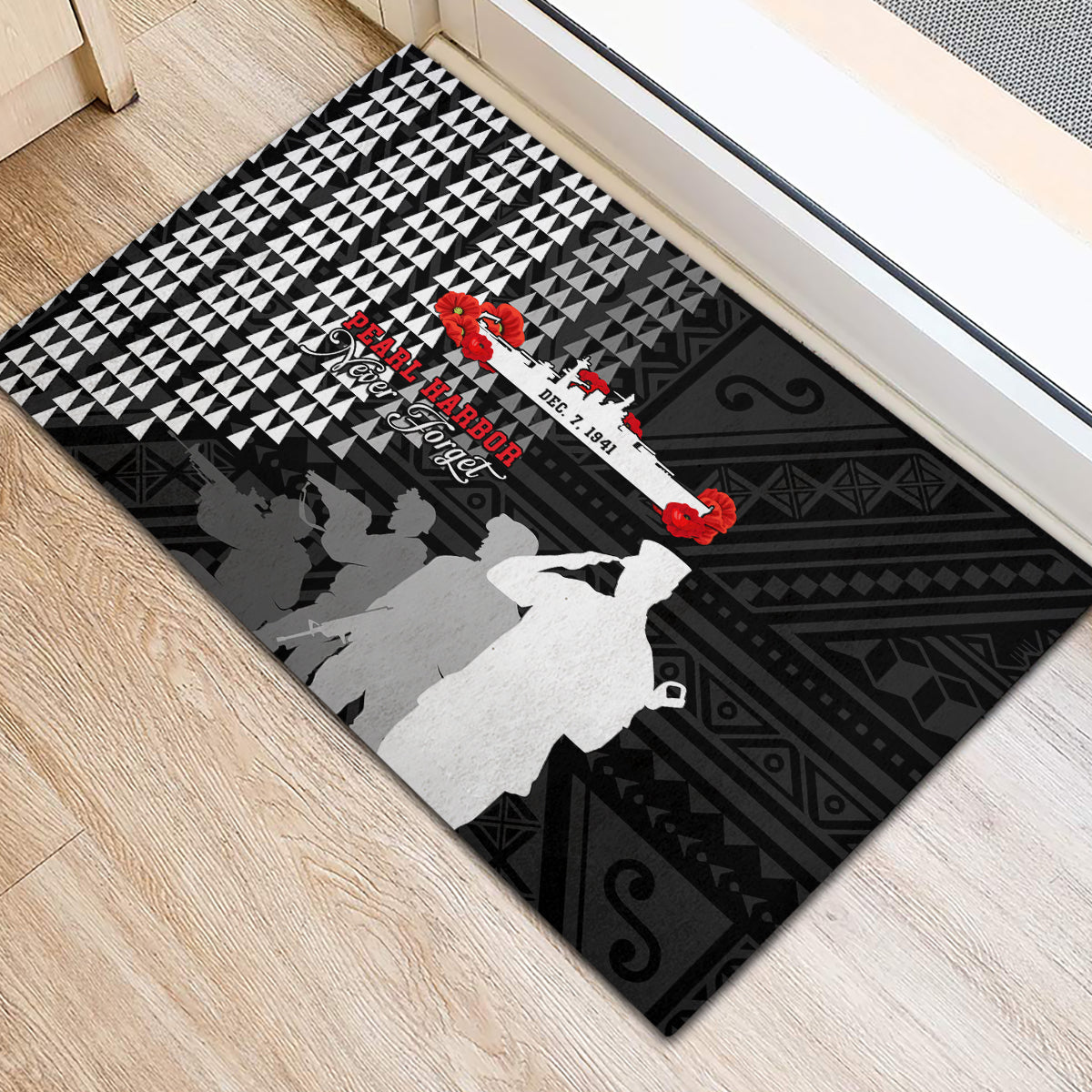 Pearl Harbor Remembrance Day Rubber Doormat USS Arizona In Memory With Polynesian Pattern LT05 - Polynesian Pride