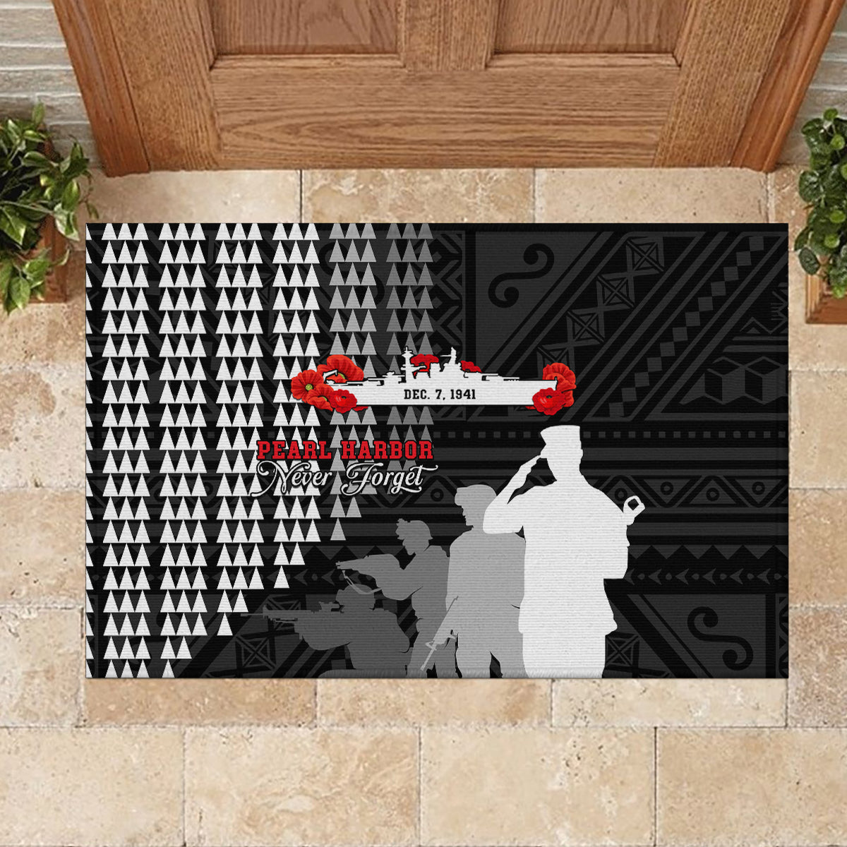 Pearl Harbor Remembrance Day Rubber Doormat USS Arizona In Memory With Polynesian Pattern LT05 - Polynesian Pride