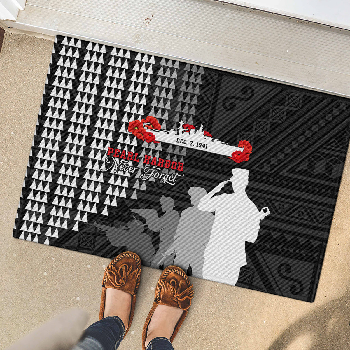 Pearl Harbor Remembrance Day Rubber Doormat USS Arizona In Memory With Polynesian Pattern LT05 - Polynesian Pride