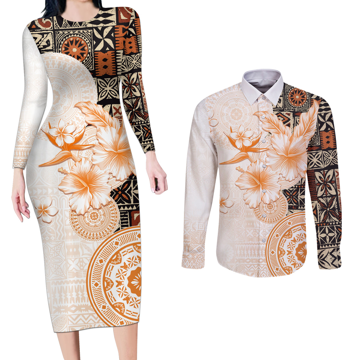 Fiji Couples Matching Long Sleeve Bodycon Dress and Long Sleeve Button Shirt Masi Tapa Pattern Brown LT05 Brown - Polynesian Pride