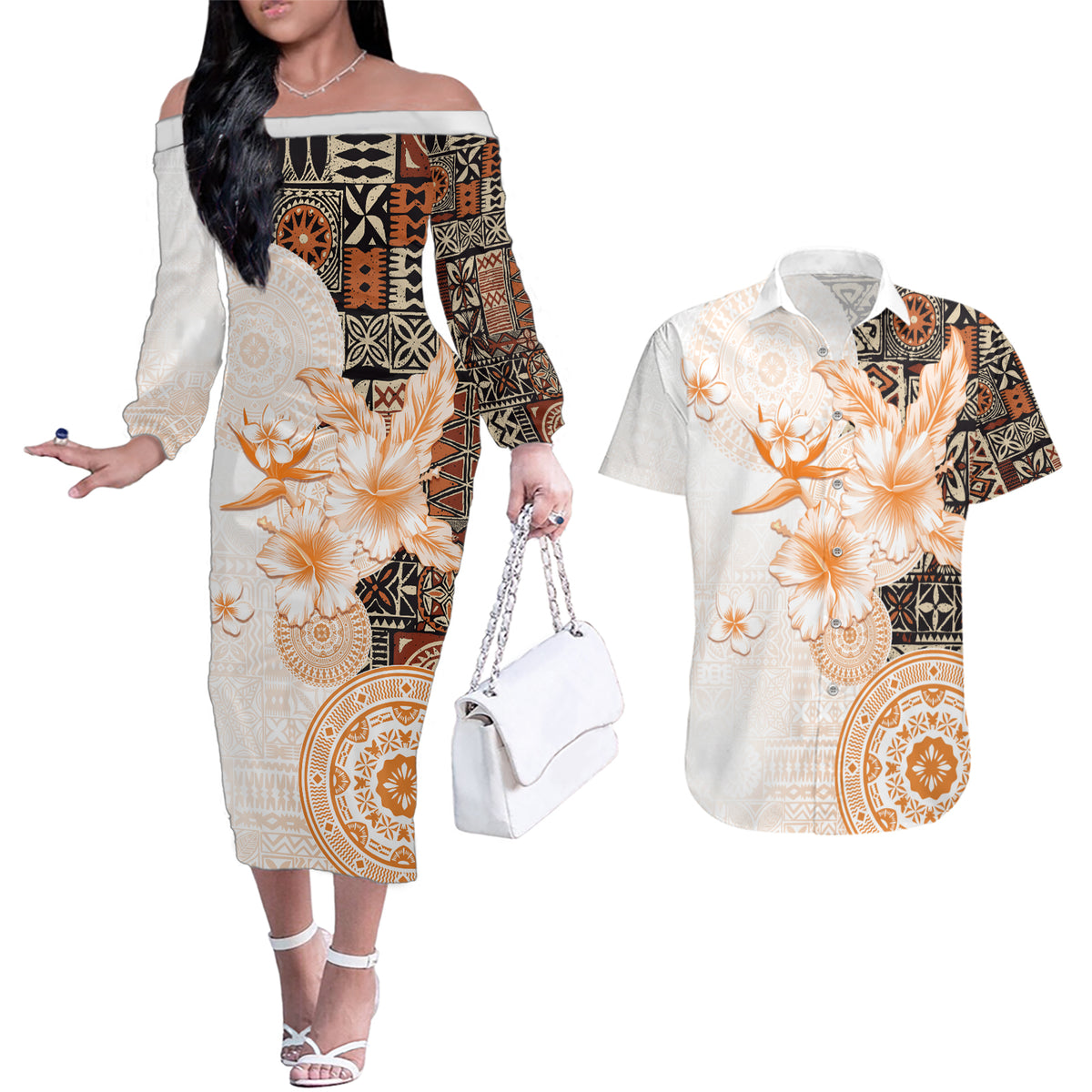 Fiji Couples Matching Off The Shoulder Long Sleeve Dress and Hawaiian Shirt Masi Tapa Pattern Brown LT05 Brown - Polynesian Pride