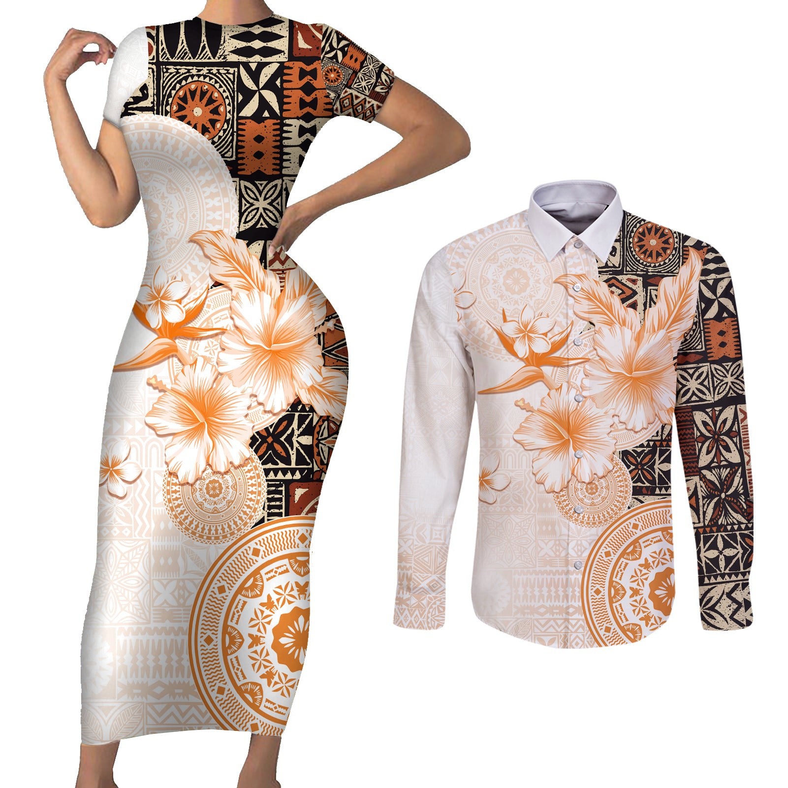 Fiji Couples Matching Short Sleeve Bodycon Dress and Long Sleeve Button Shirt Masi Tapa Pattern Brown LT05 Brown - Polynesian Pride