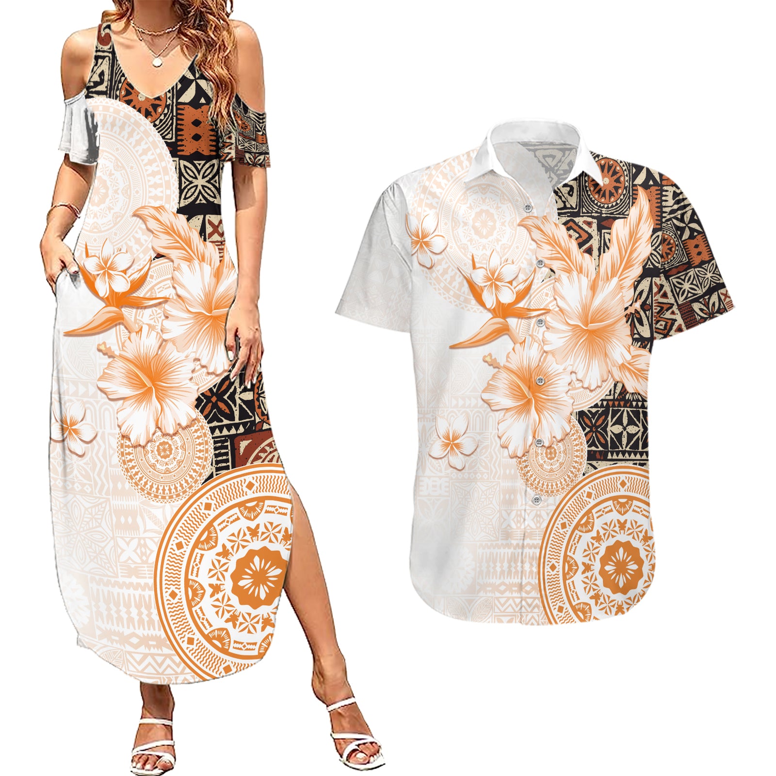 Fiji Couples Matching Summer Maxi Dress and Hawaiian Shirt Masi Tapa Pattern Brown LT05 Brown - Polynesian Pride