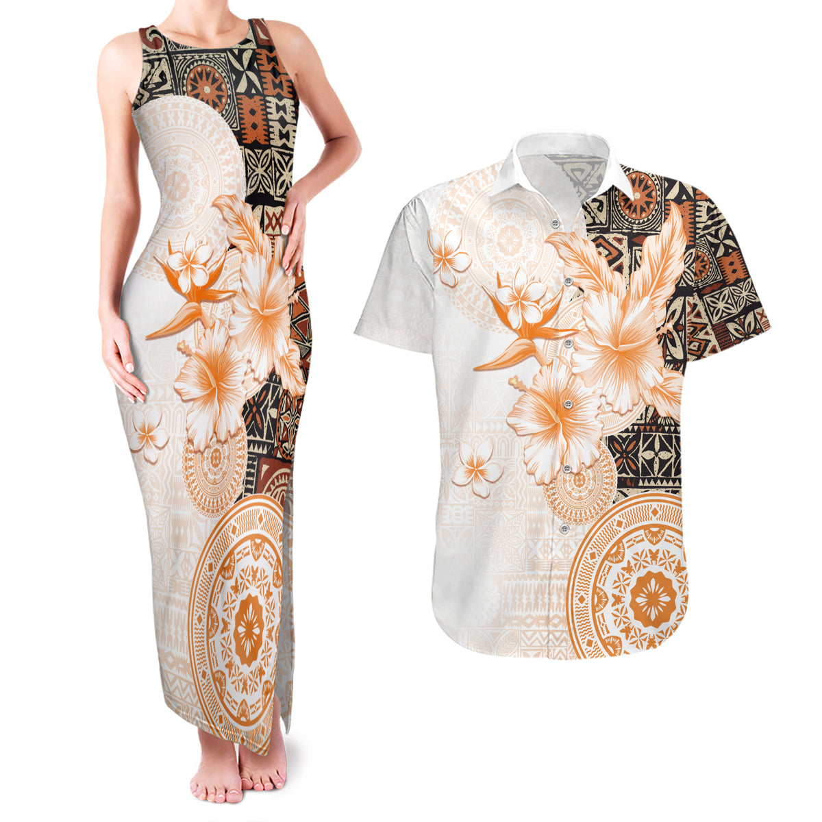 Fiji Couples Matching Tank Maxi Dress and Hawaiian Shirt Masi Tapa Pattern Brown LT05 Brown - Polynesian Pride