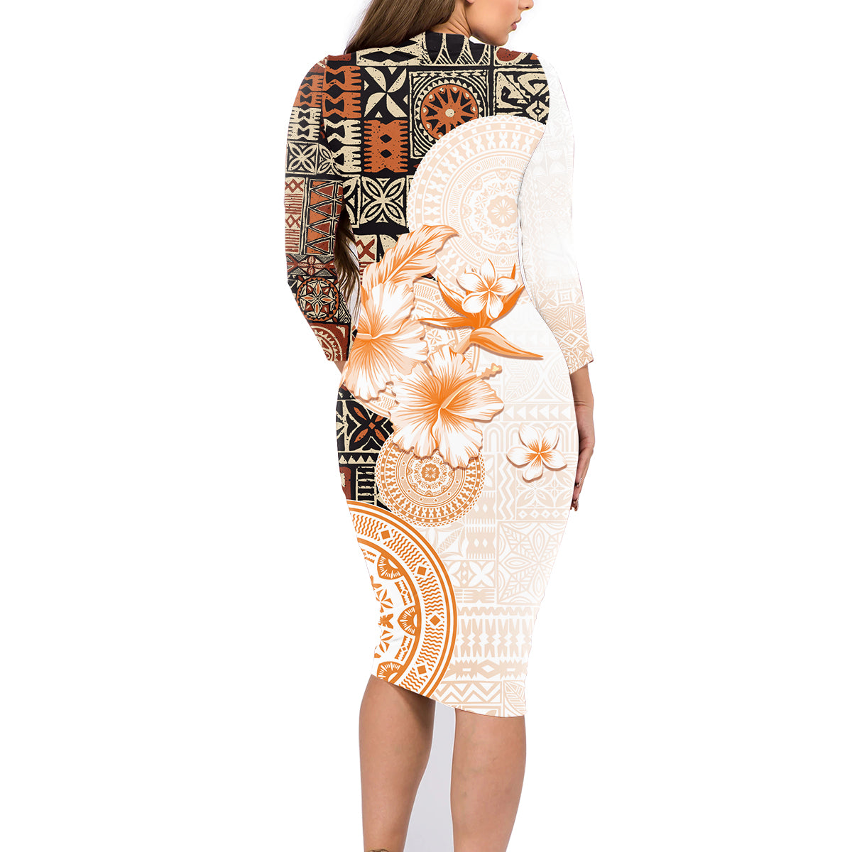 Fiji Family Matching Long Sleeve Bodycon Dress and Hawaiian Shirt Masi Tapa Pattern Brown LT05 - Polynesian Pride