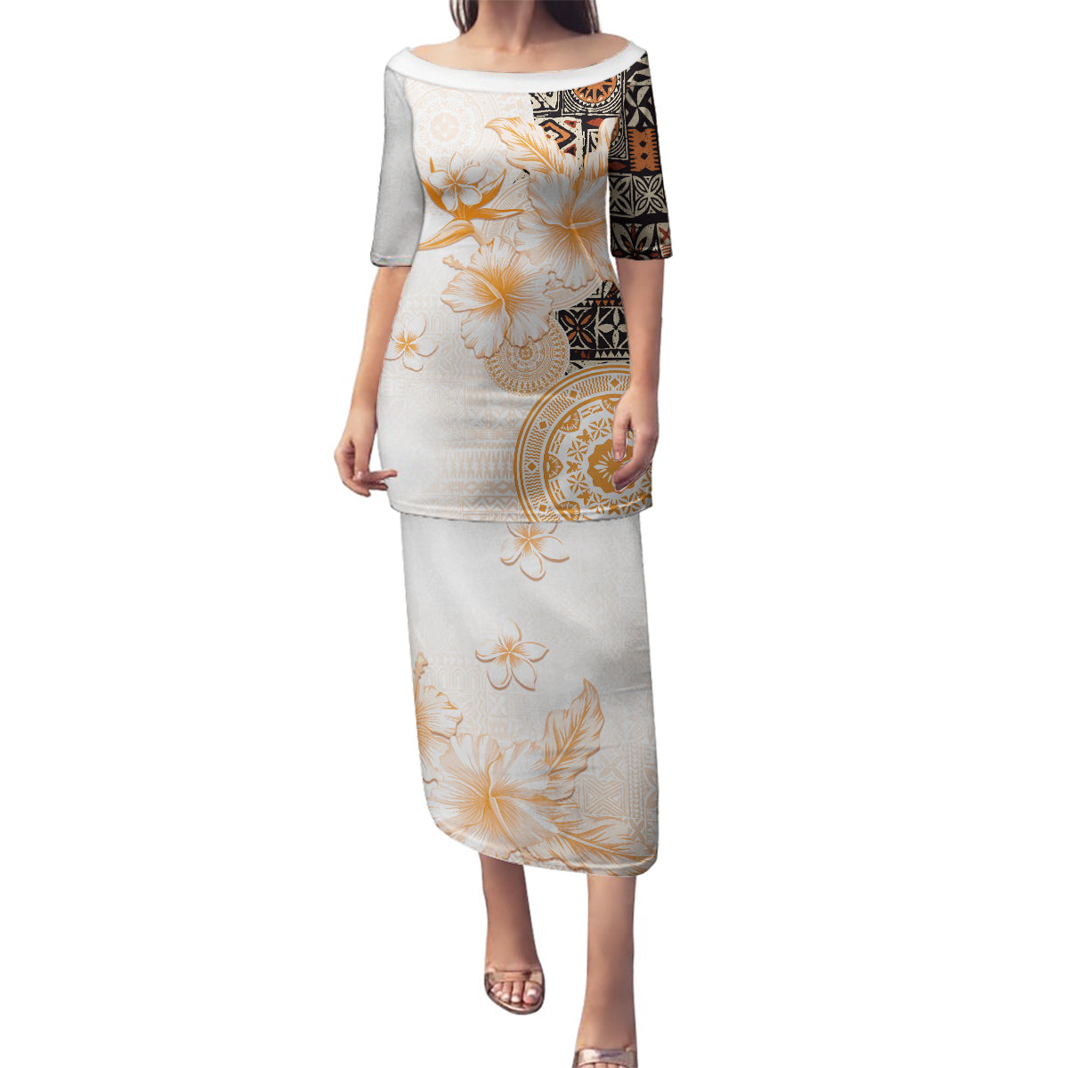 Fiji Family Matching Puletasi Dress and Hawaiian Shirt Masi Tapa Pattern Brown LT05 Mom's Dress Brown - Polynesian Pride