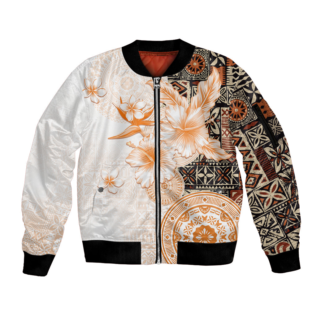 Fiji Sleeve Zip Bomber Jacket Masi Tapa Pattern Brown LT05 Unisex Brown - Polynesian Pride